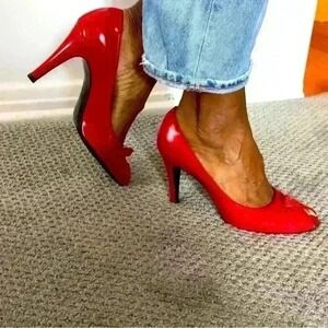 Red Patent Leather Peep Toe Bow Stiletto Heels Shoes Womens Size